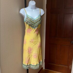 VTG Betsey Johnson New York Yellow & Pink Floral Midi 100% Silk Slip Dress Sz 4